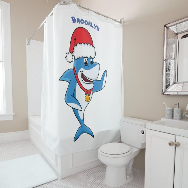 Rideaux De Douche Drôle dessin animé de requin de Noël (En situation)