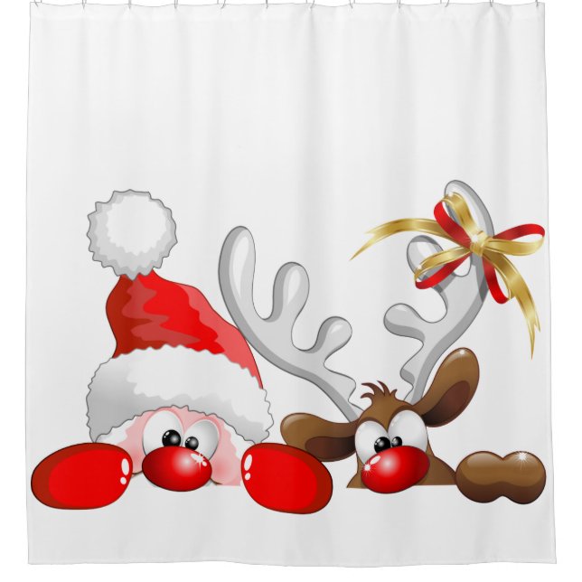 Rideaux De Douche Drôle Père Noël et Reindeer Cartoon (Devant)