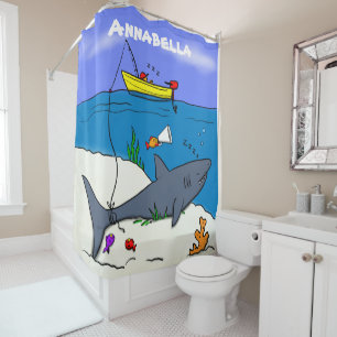 Rideaux De Douche Drôle requin couché et dessin animé de pêche