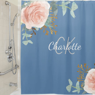 Rideaux De Douche Dusty bleu rose or vert fleurie nom monogramme