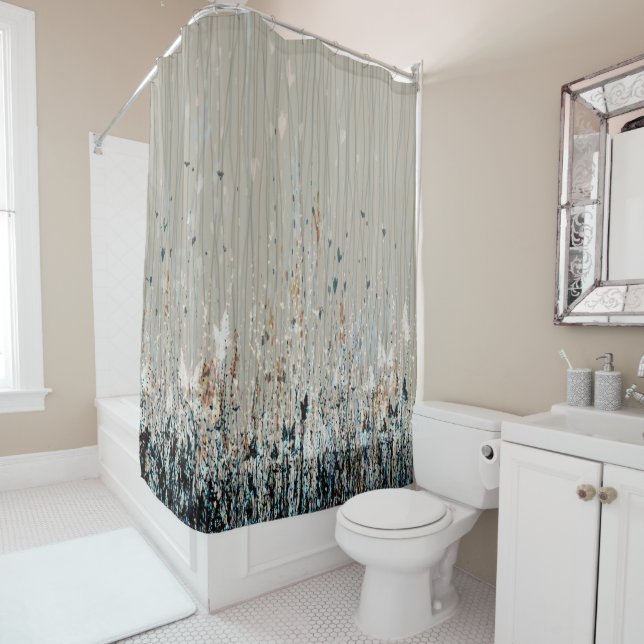 Rideaux De Douche Dusty Taupe Orange Bleu foncé Fleurs sauvages (En situation)