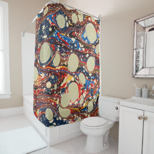 RIDEAUX DE DOUCHE EAUX ABSTRAITES ROUGES BLEU MARBLÉES, CERCLES BLAN
