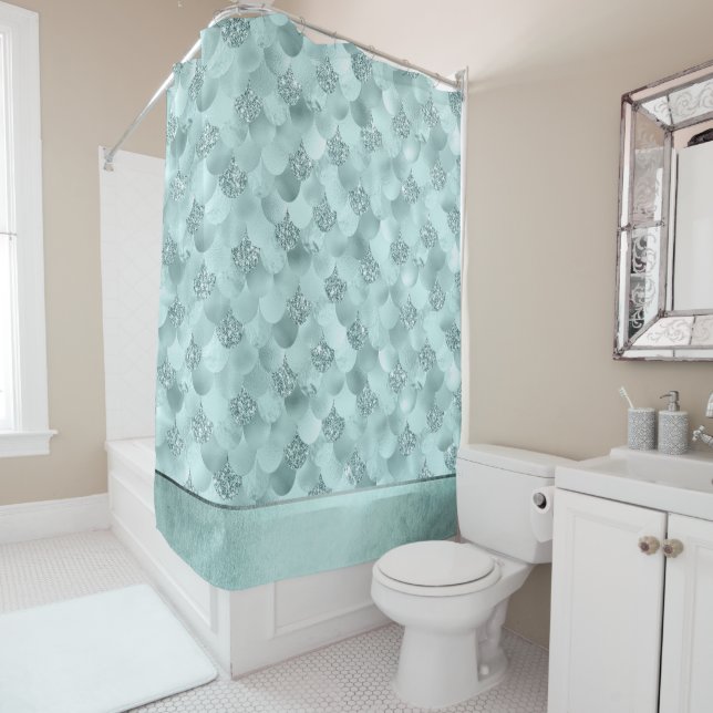 Rideaux De Douche Échelle Mermaid Luxe | Monnaie de mer vert Aqua Sh (En situation)
