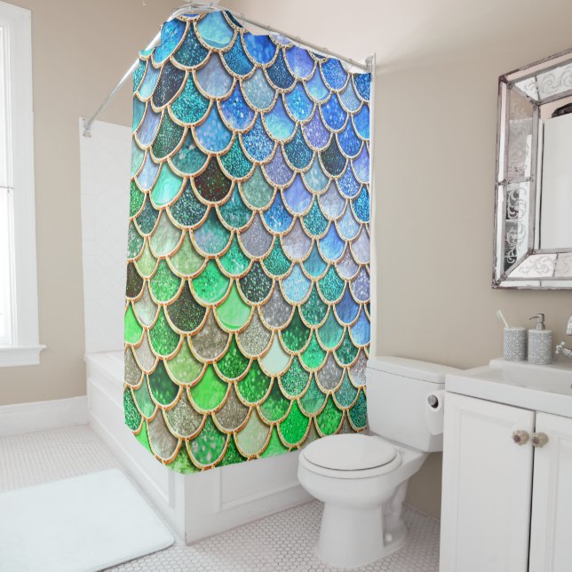 Rideaux De Douche Échelles brillantes vert-bleu de sirène de parties (En situation)