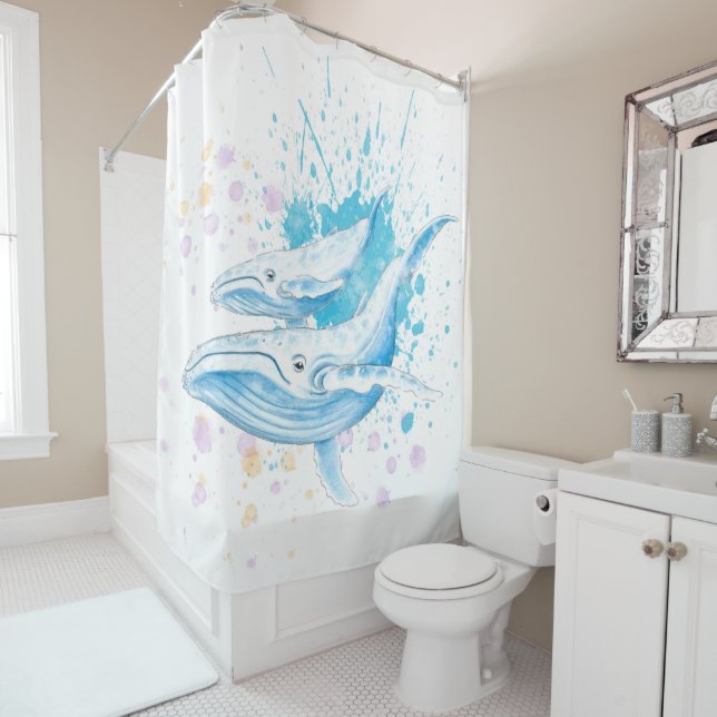Rideaux De Douche Éclaboussure de couleur de baleines bleues (En situation)