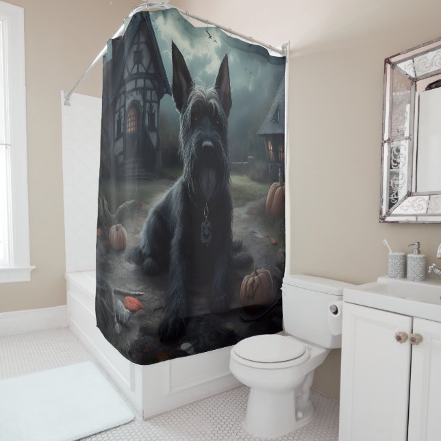 Rideaux De Douche Ecosse Terrier Citrouille Halloween effrayant (En situation)