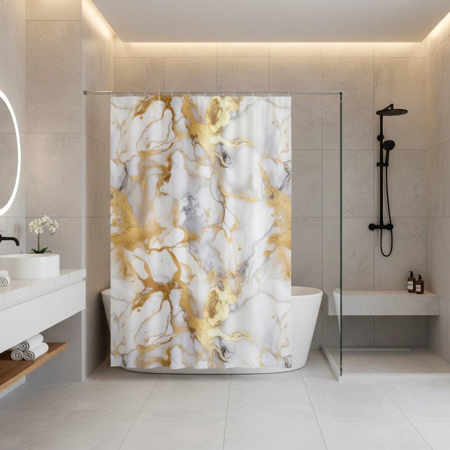 Rideaux De Douche Effet marbre blanc et or (White and gold marble effect shower curtain.)
