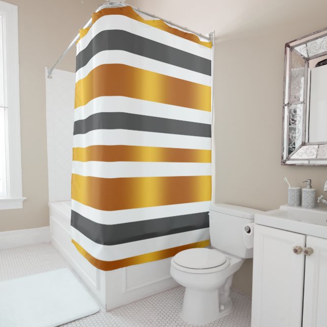 Rideaux De Douche Effet or gris blanc rayé (En situation)