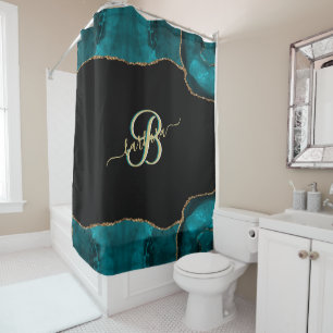 Rideaux De Douche Élégant 3 couleur Monogramme Turquoise Black Gol
