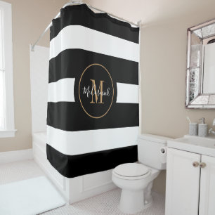 Rideaux De Douche Élégant Black Gold Stripes Monogramme Nom du scrip