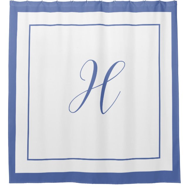 Rideaux De Douche Élégant Bleu Bordure Script Monogramme Lettre H (Devant)