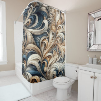 Rideaux De Douche Elegant Blue Beige Baroque Swirl Pattern