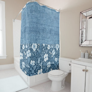 Rideaux De Douche Elégant Botanique Bleu Faux Denim Look Demi N Demi