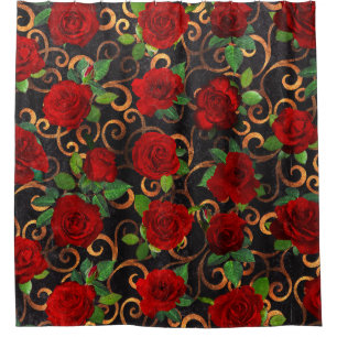Rideaux De Douche Elégant Classy Damask Vintage Chic Roses Rouge Noi