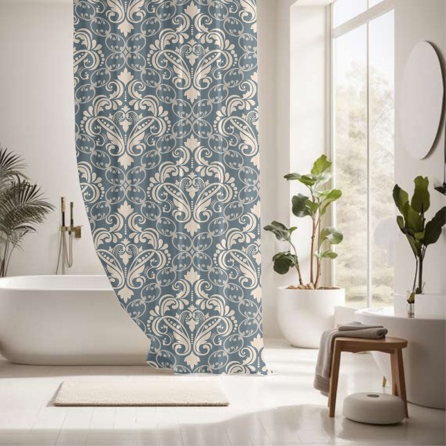 Rideaux De Douche Élégant Damas de crème bleue (Créateur téléchargé)