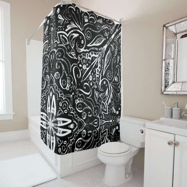 Rideaux De Douche Elégant design de mandala noir et blanc jeter le p (En situation)