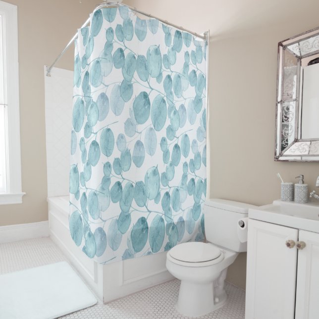 Rideaux De Douche Elégant Feuille bleu  Ditsy Motif| (En situation)