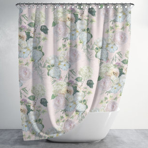 Rideaux De Douche Elégant floral clair rose blanc pivoine dans la ve