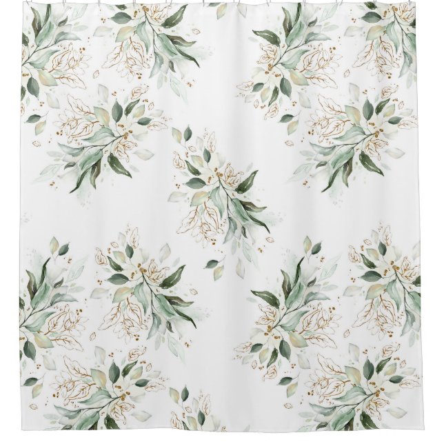 Rideaux De Douche Élégant Gold Green Foliage Blanc Moderne (Devant)