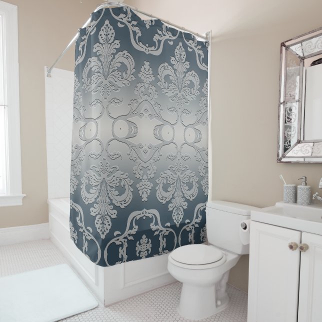 Rideaux De Douche Elegant Grey et Taupe Royal Damask (En situation)