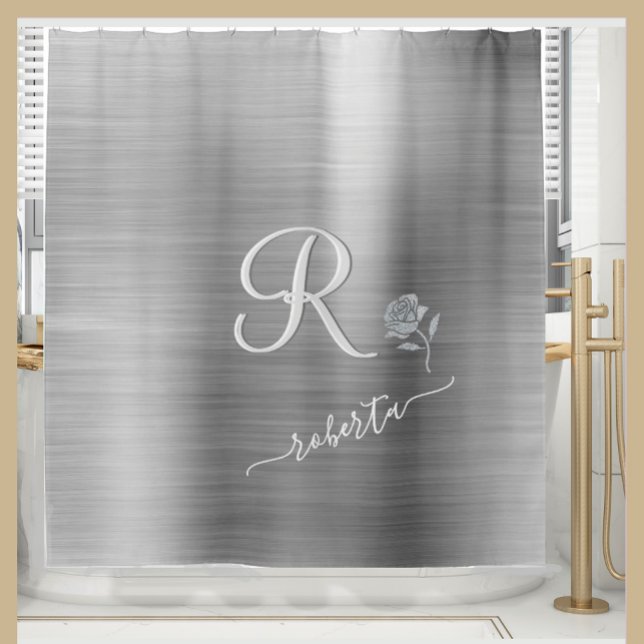Rideaux De Douche Élégant Gris Argent Rose Personnalisé Nom Monogram (Créateur téléchargé)