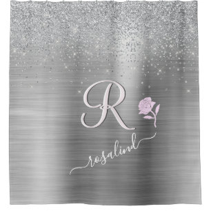 Rideaux De Douche Élégant Gris Étincelant Personnalisé Monogramme Ro