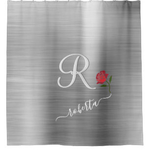 Rideaux De Douche Élégant Gris Rouge Rose Personnalisé Nom Monogr