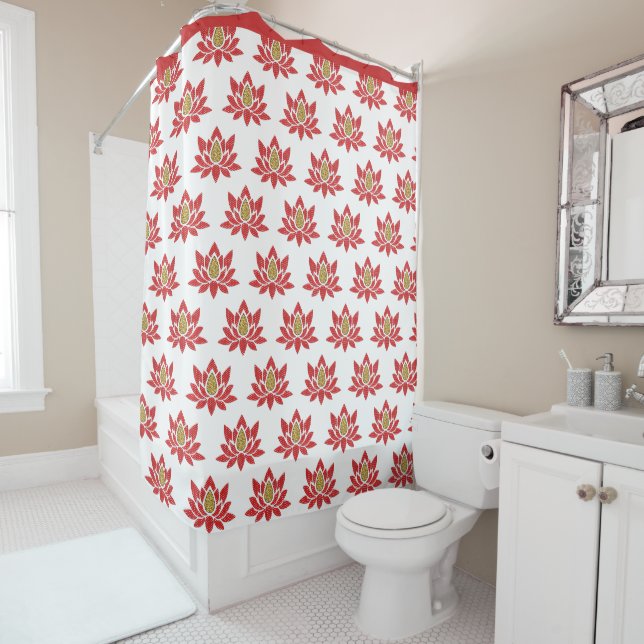 Rideaux De Douche Élégant Lotus Fleur Rouge Or Zen Yoga Motif (En situation)