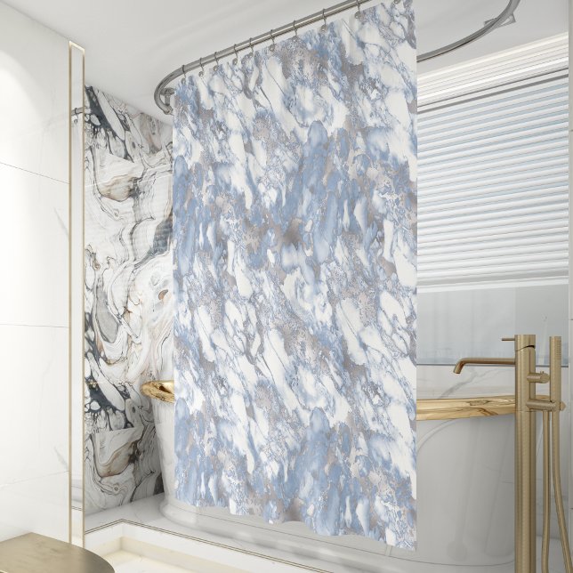 Rideaux De Douche Elégant marbre blanc Duché bleu argent Faux Foil (Créateur téléchargé)