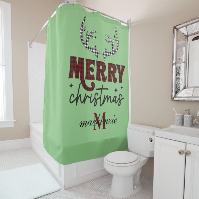 Rideaux De Douche Élégant Maroon & Monogramme orange Joyeux Noël (En situation)