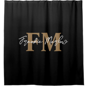 Rideaux De Douche Élégant Monogram Black Gold Script Nom Chic