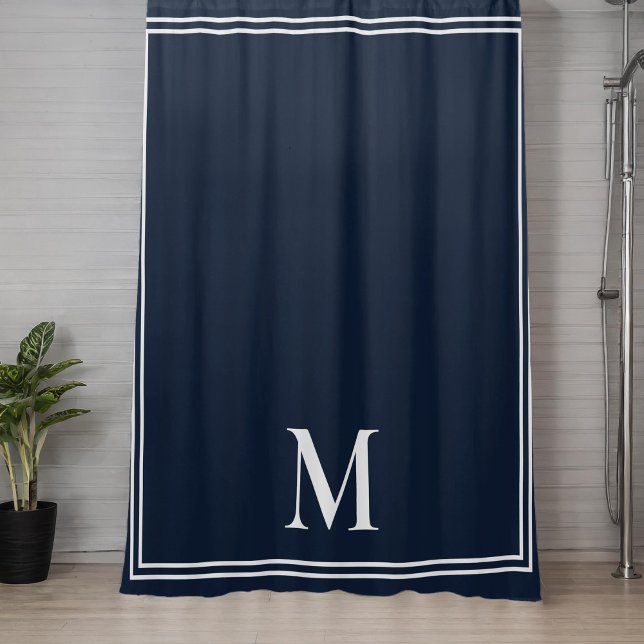 Rideaux De Douche Élégant Monogramme bleu et blanc de la marine (Créateur téléchargé)
