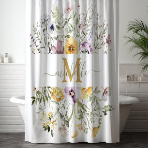 Rideaux De Douche Élégant Monogramme coloré Fleur sauvage Jardin Flo
