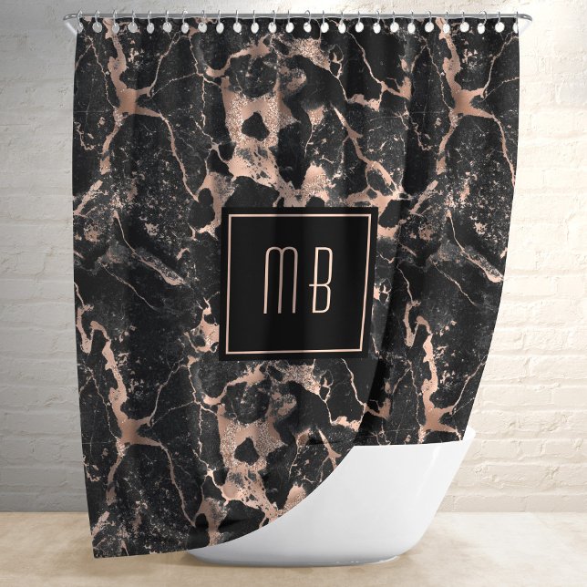 Rideaux De Douche Élégant Monogramme Marbre noir (Personalized Monogram Rose Gold Black Marble Shower Curtain)