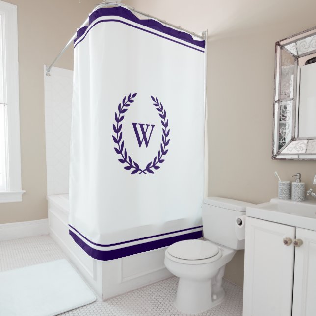 Rideaux De Douche Elégant Monogramme Marine Bleu Douche Blanche Ride (En situation)