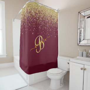 Rideaux De Douche Élégant Monogramme Personnalisé Rouge Or Étincelle