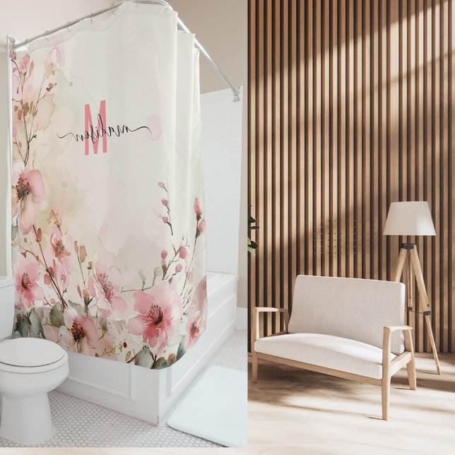 Rideaux De Douche Élégant Monogramme Rose Écriture Moderne Mariage P (Créateur téléchargé)
