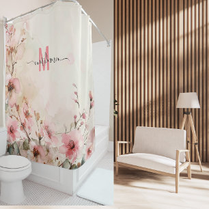 Rideaux De Douche Élégant Monogramme Rose Écriture Moderne Mariage S