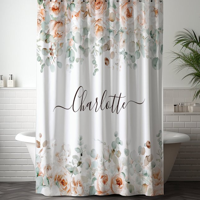 Rideaux De Douche Élégant Monogramme Rustique Rose Floral Verdure (In situ)