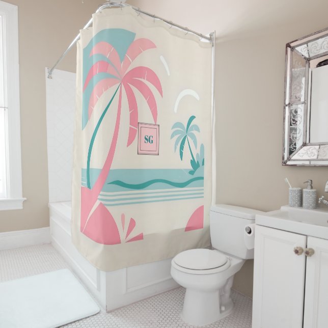 Rideaux De Douche Élégant monogramme turquoise rose tropical minimal (En situation)