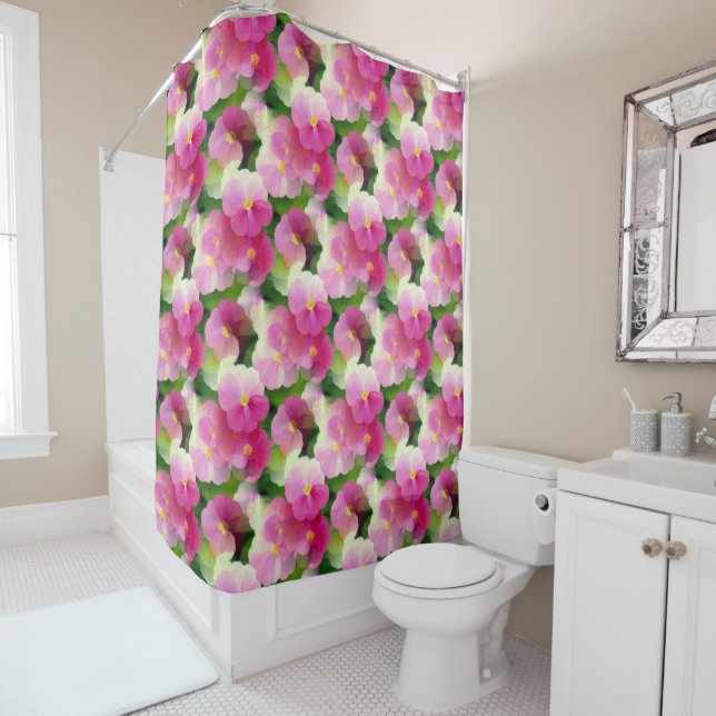Rideaux De Douche Élégant Motif à fleurs rose et blanc Impatiens (En situation)
