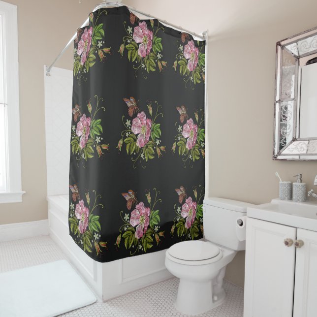 Rideaux De Douche Élégant Motif floral broderie Arrière - plan noir (En situation)