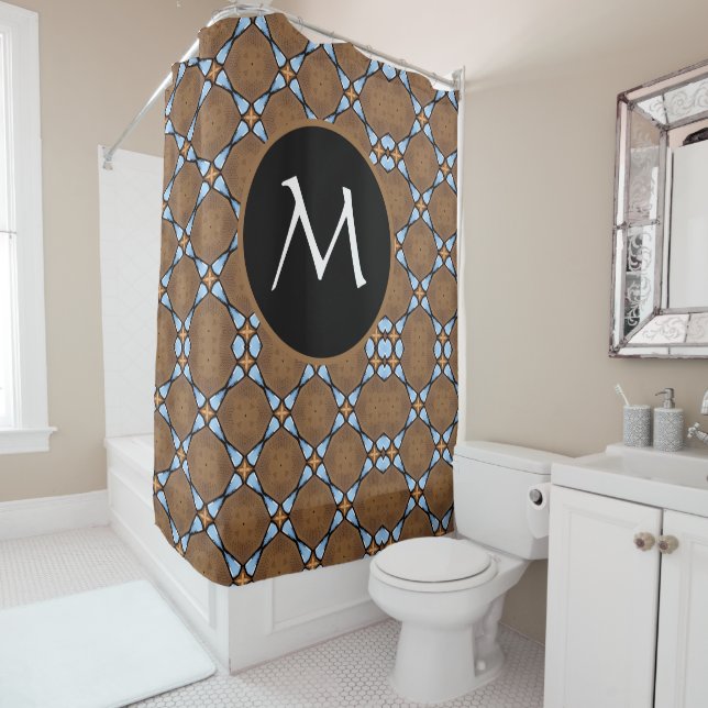 Rideaux De Douche Élégant Motif géométrique bleu Brown Monogramme (En situation)