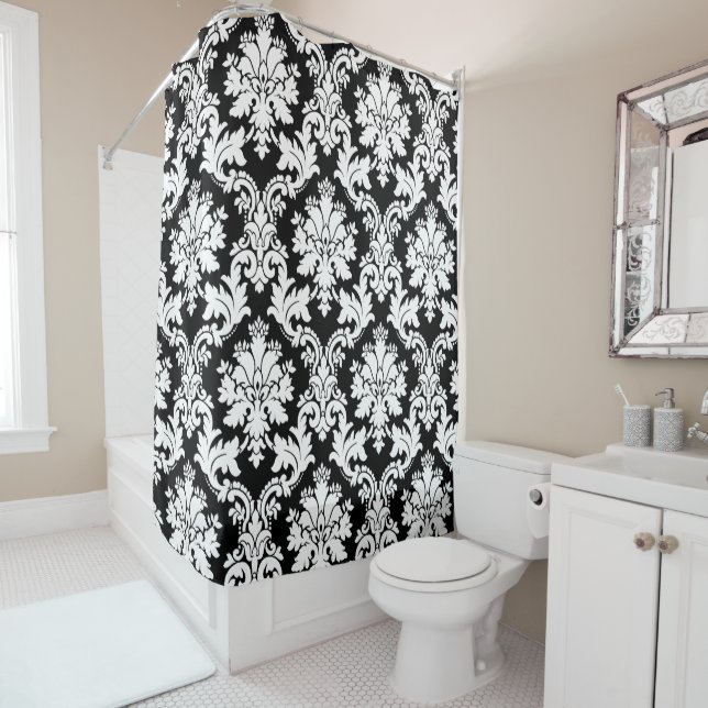 Rideaux De Douche Élégant noir et blanc Damas (En situation)
