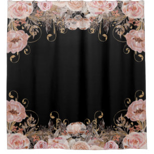 Rideaux De Douche Elégant noir et rose Aquarelle Floral Rose Gold