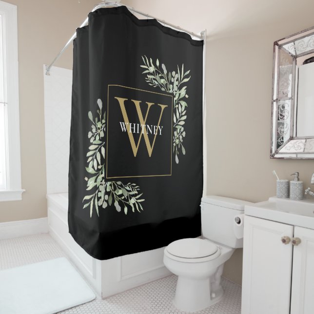 Rideaux De Douche Élégant Noir Monogramme Vert Floral (En situation)