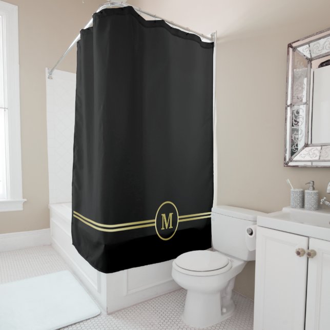 Rideaux De Douche Élégant or Monogramme personnalisé sur noir (En situation)