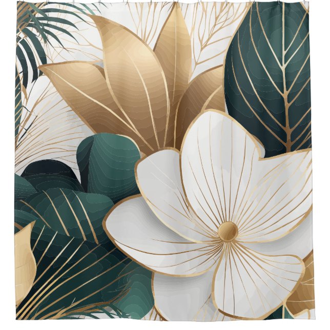 Rideaux De Douche Élégant or vert et floral blanc (Devant)