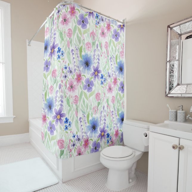 Rideaux De Douche Elégant Pays Rose violet bleu Aquarelle (En situation)