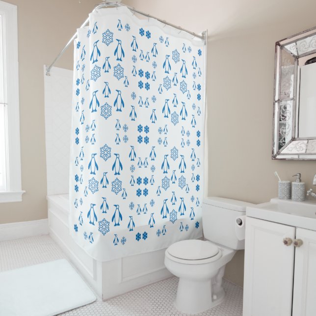 Rideaux De Douche Élégant Pingouins Bleus avec Motif de flocons de n (En situation)